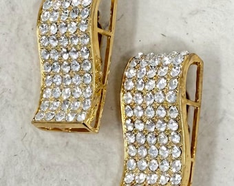 Vintage Rhinestone Clip On Earrings, Gold Tone, 1980s Runway Statement