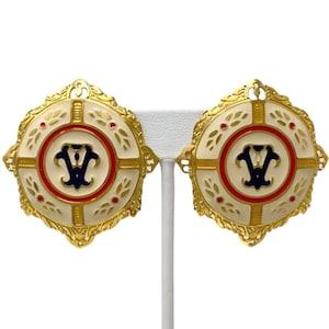 Vintage Edgar Berebi Clip Earrings, Gold Tone with Navy Blue, Yellow, Red & White Enamel, 1980s Jewelry