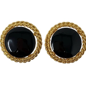 Vintage 1980s Black Enamel Gold Tone Classic Round Clip On Earrings New Old Stock NOS