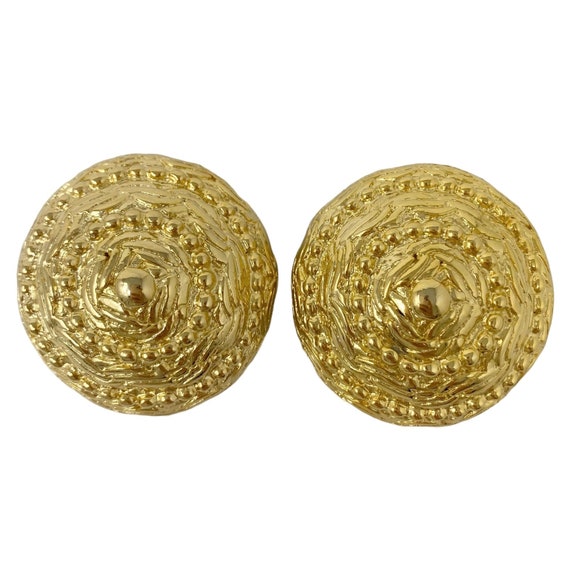 Vintage 1980s Big Round Gold Tone Clip On Earring… - image 1