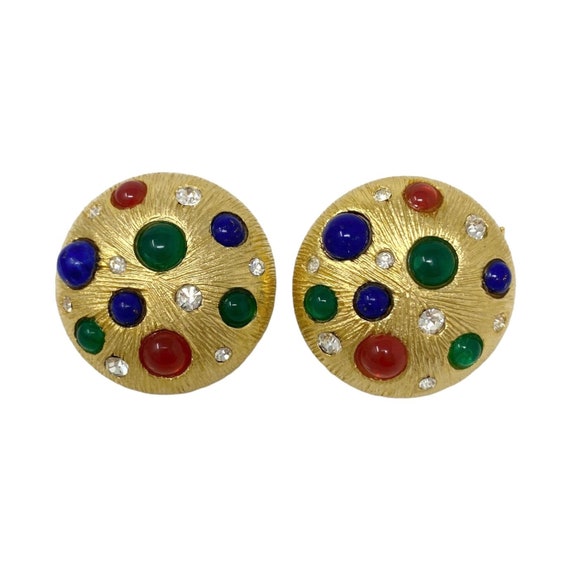 Boucles D'oreilles Clips Vintage Années 80 Doré Strass Cabochon - Occasion En Bon état, Style BCBG