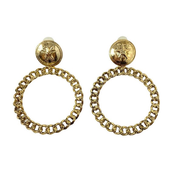 Vintage Gold Clip Earrings, Large Dangle Chain St… - image 1