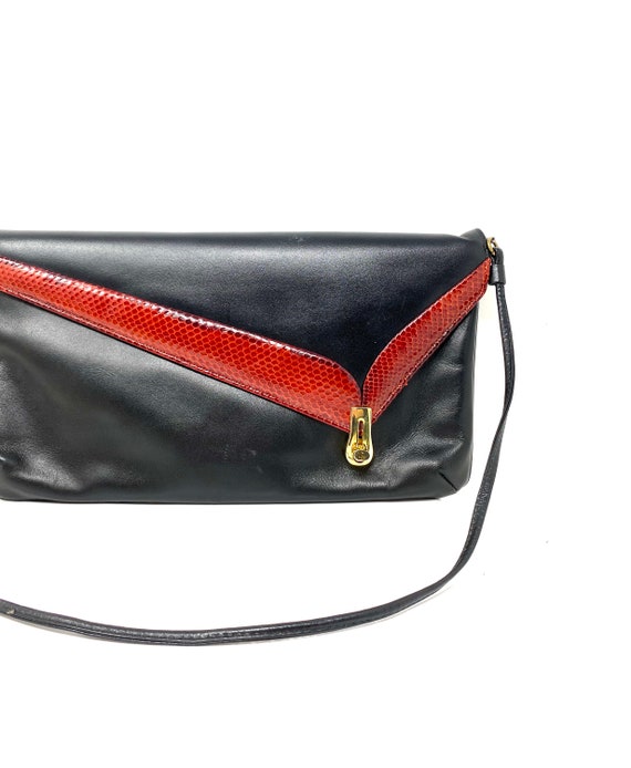 Vintage Snakeskin Purse, Black Leather with Red S… - image 4