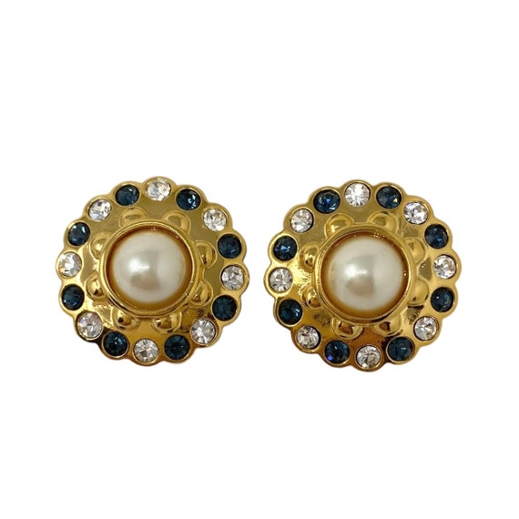 Boucles D'oreilles Vintage Années 80 – Clips Dorés, Strass Bleu – Style Rétro