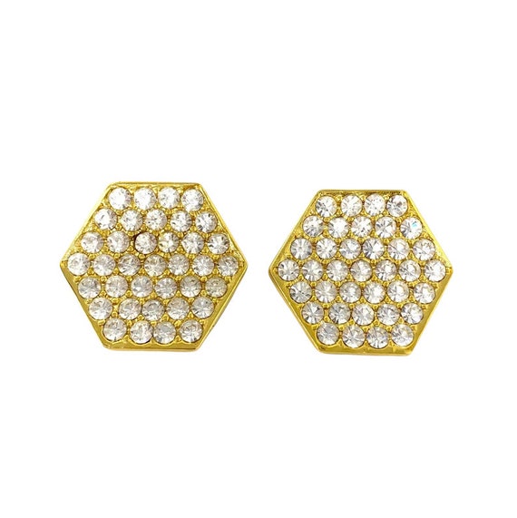 Vintage 1980s Gold & Clear Rhinestone Hexagon Cli… - image 2