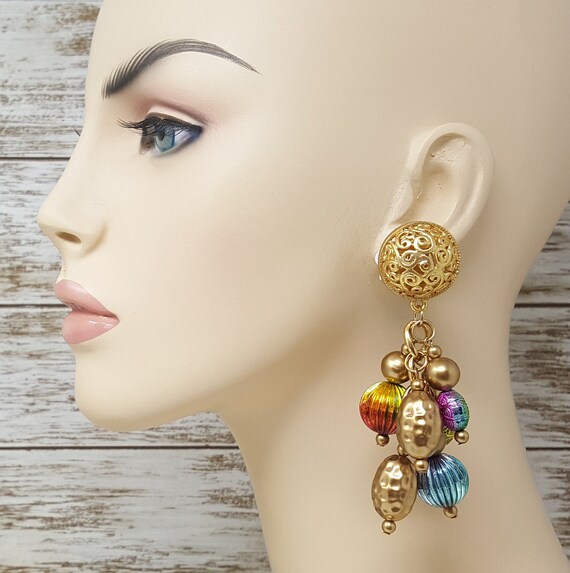 Vintage Gold Colorful Bejeweled Statement Earrings 1980s Huge Oversized Cocktail Earrings Haute Couture Runway Jewelry pierced Earrings