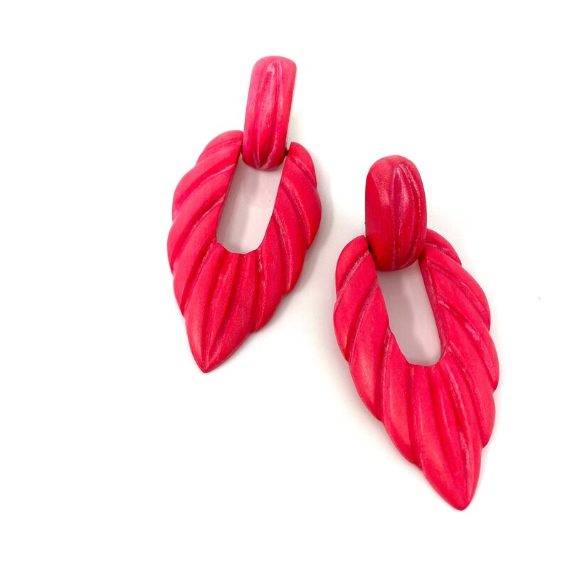 Vintage Clip Earrings, Pink Wood Clip On Earrings, 1980s New Old Stock Clip Ons image 4