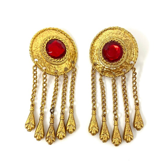 Vintage Clip Earrings, Red Crystal Gold Tone Dangl