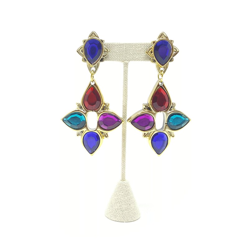 Vintage Gold Colorful Bejeweled Statement Earrings 1980s Huge Oversized Cocktail Earrings Haute Couture Runway Jewelry pierced Earrings