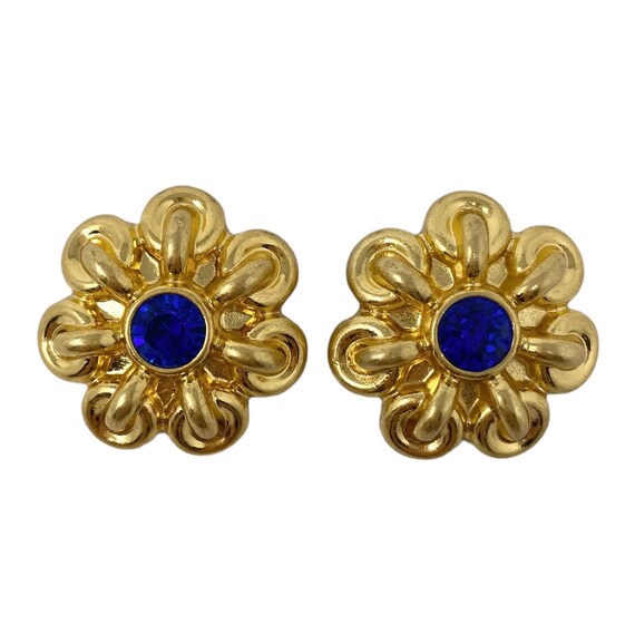 Vintage 1980s 1990s Gold & Blue Rhinestone Flower… - image 3