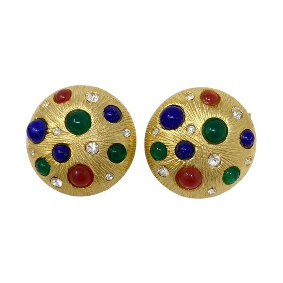 Boucles D'oreilles Clips Vintage Années 80 - Doré à Cabochon Feuille Et Strass - Style BCBG