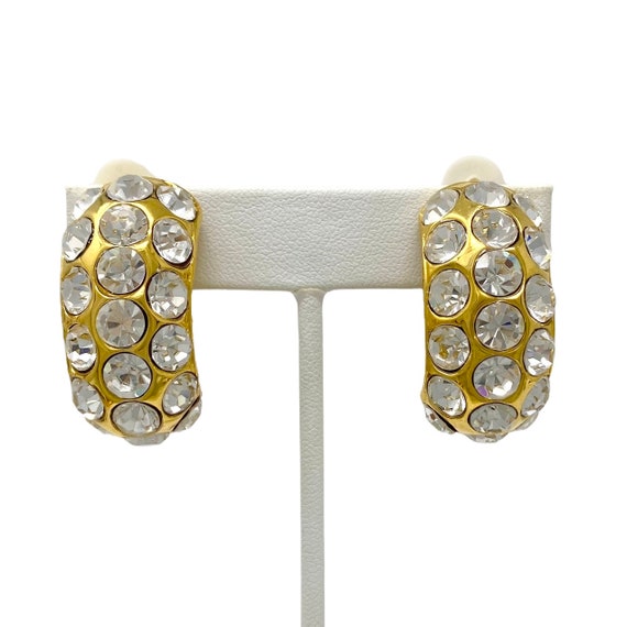 Vintage 1980s Gold & Clear Rhinestone Clip On Hoo… - image 2