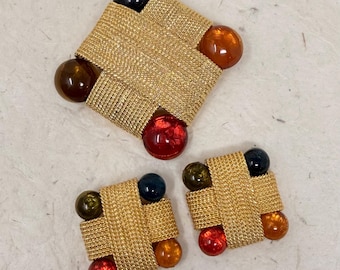 Vintage VO- Les Bernard Colorful Cabochon Gold Tone Pin & Clip Earrings Set