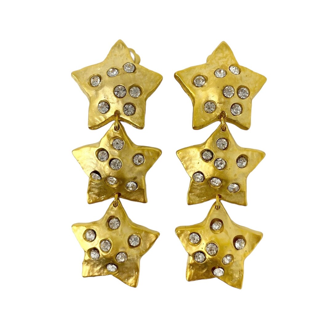 Vintage 1990s NOS Norma Jean Matte Gold & Clear Rhinestone Dangle Star ...