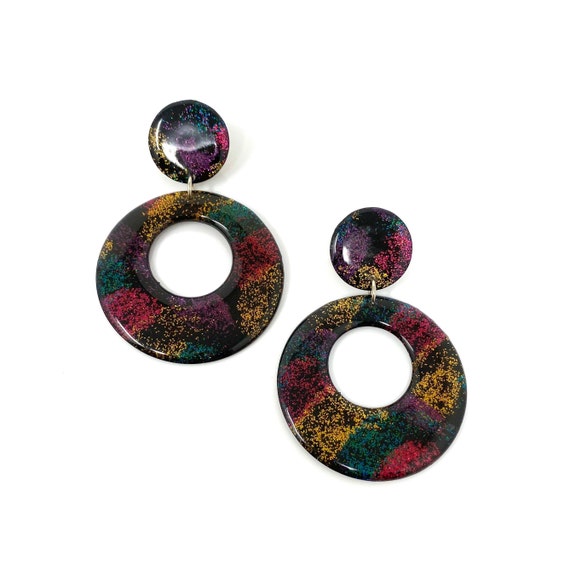Vintage Colorful Glitter Statement Earrings, Bold… - image 2
