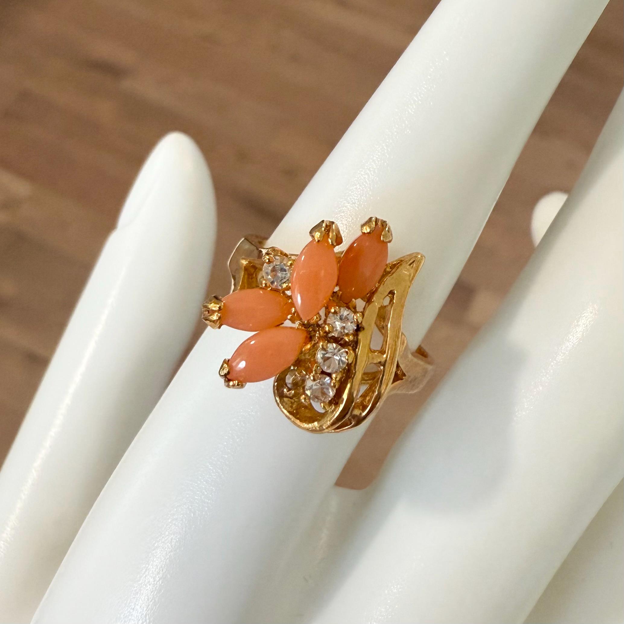 Bague Cocktail En Or 18 Carats Avec Corail - Taille 61 - Style Voyant Et Coloré
