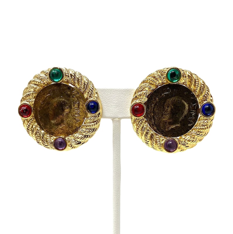 Vintage Etruscan Revival Mogul Gripoix Coin Clip Earrings Statement Earrings 1980s Runway Jewelry Gold Tone with Colorful Cabochons