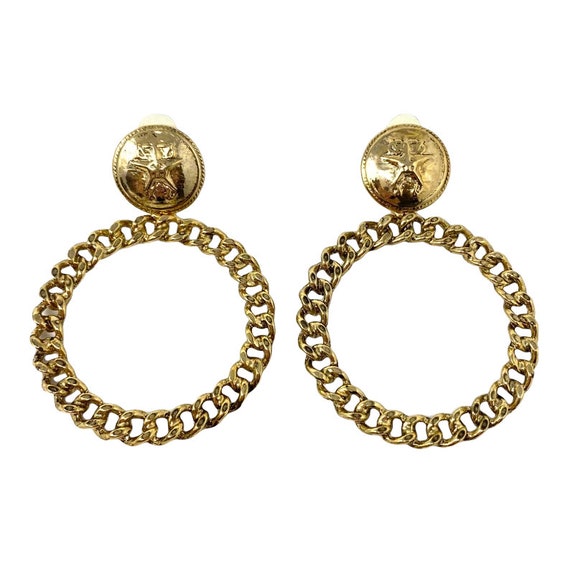 Vintage Gold Clip Earrings, Large Dangle Chain St… - image 2