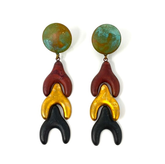 Vintage Gold Colorful Bejeweled Statement Earrings 1980s Huge Oversized Cocktail Earrings Haute Couture Runway Jewelry pierced Earrings