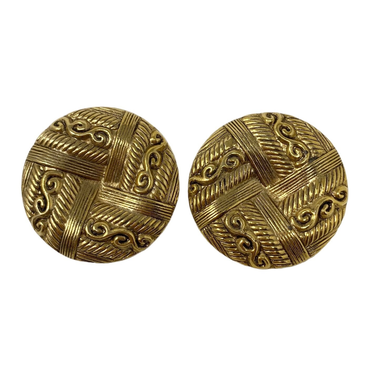 Large vintage haute couture gold tone metal round clip on earrings