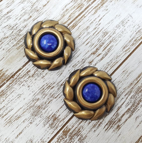 Vintage Bronze & Blue Statement Earrings, 1980s B… - image 3