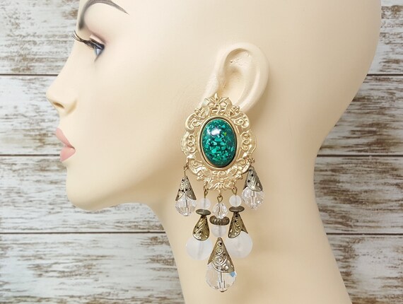 Vintage Gold Colorful Bejeweled Statement Earrings 1980s Huge Oversized Cocktail Earrings Haute Couture Runway Jewelry pierced Earrings