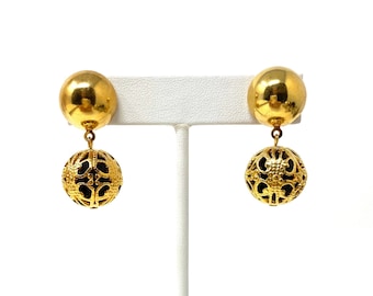 Vintage Gold Filigree Earrings, Pierced Earrings, Gold & Black, Delicate Drop Earrings, Victorian Revival, New Old Stock, 1980s Jewelry