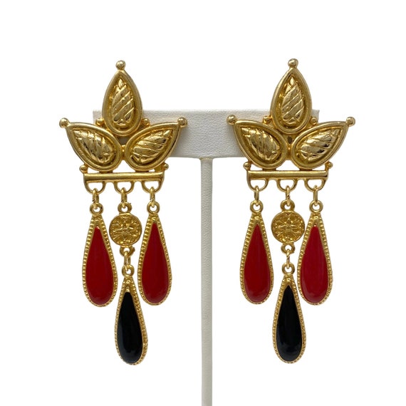 Boucles D'oreilles Vintage Clips - Motif Feuilles Dorées Et émaillées Rouge/noir - Occasion Bon état
