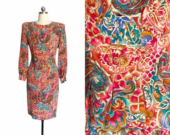 Vintage 1980s Liz Claiborne Silk Colorful Print Long Sleeve Dress 6P
