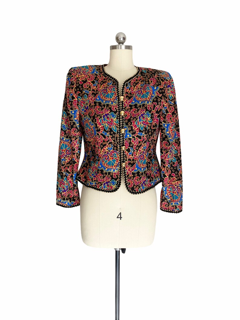 Vintage Blazer, 1980s Maggy London Colorful Silk Print Jacket, Size Small, Vintage Clothing image 2