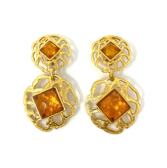 Vintage Clip Earrings, Orange Cabochon Gold Tone D