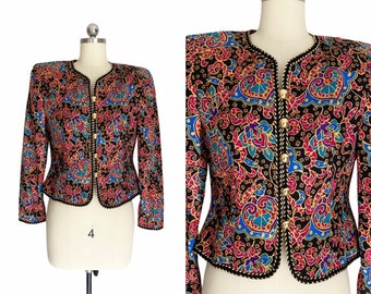 Vintage Blazer, 1980s Maggy London Colorful Silk Print Jacket, Size Small, Vintage Clothing