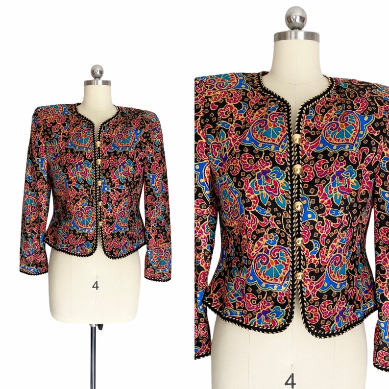 Vintage Blazer, 1980s Maggy London Colorful Silk Print Jacket, Size Small, Vintage Clothing image 1