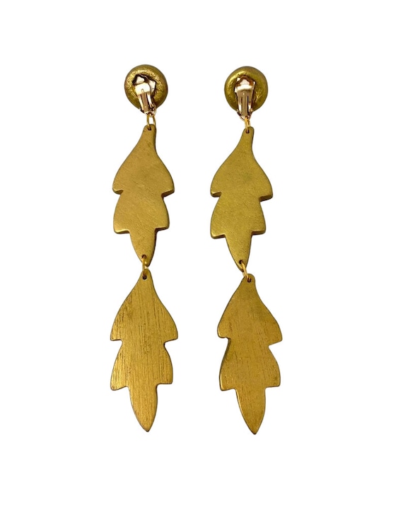 Vintage 1980s Gold Wood Leaf Massive Dangle State… - image 5