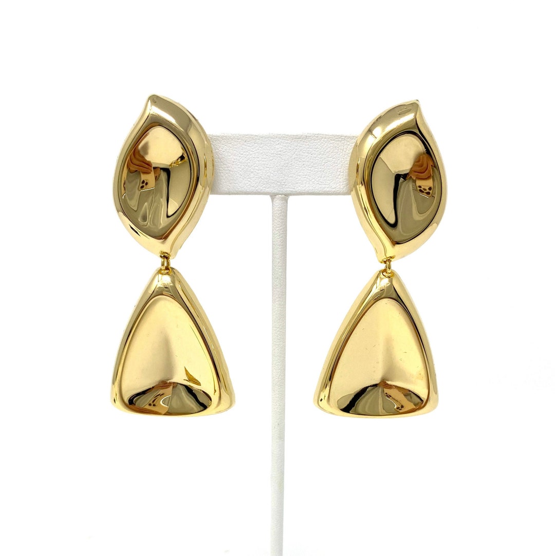 Vintage Clip Earrings, Gold Dangle Clip on Earrings, Large