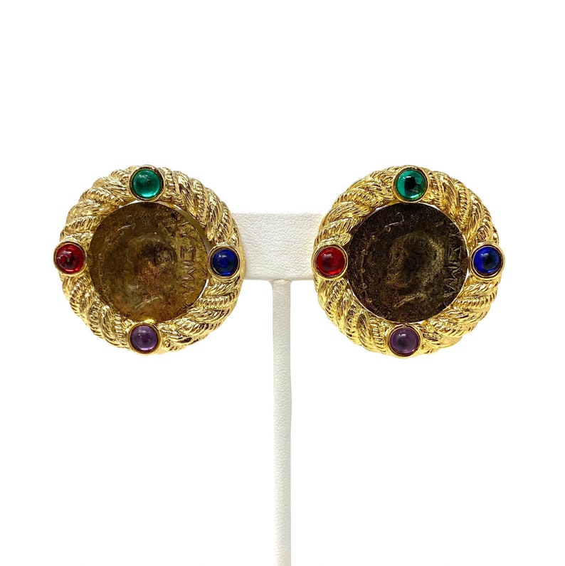 Vintage Etruscan Revival Mogul Gripoix Coin Clip Earrings Statement Earrings 1980s Runway Jewelry Gold Tone with Colorful Cabochons