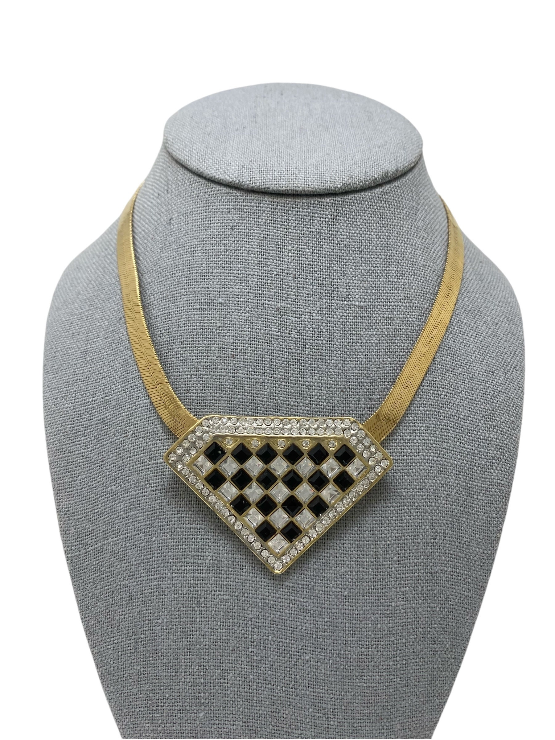 Vintage Black & Clear Rhinestone Festoon Necklace, Rhodium