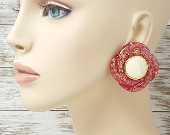 Vintage Pink Glitter Statement Earrings, Big Bold Funky Oversized Lucite Clip Ons, Haute Couture Runway Jewelry