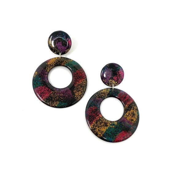 Vintage Colorful Glitter Statement Earrings, Bold… - image 1