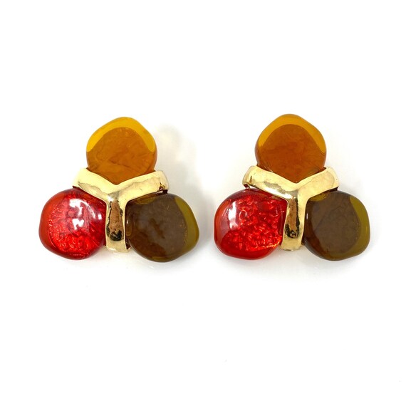 Vintage Clip Earrings, Red, Green & Orange Cabocho