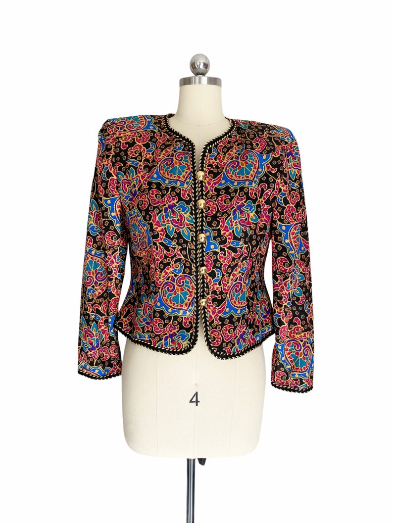 Vintage Blazer, 1980s Maggy London Colorful Silk Print Jacket, Size Small, Vintage Clothing image 4