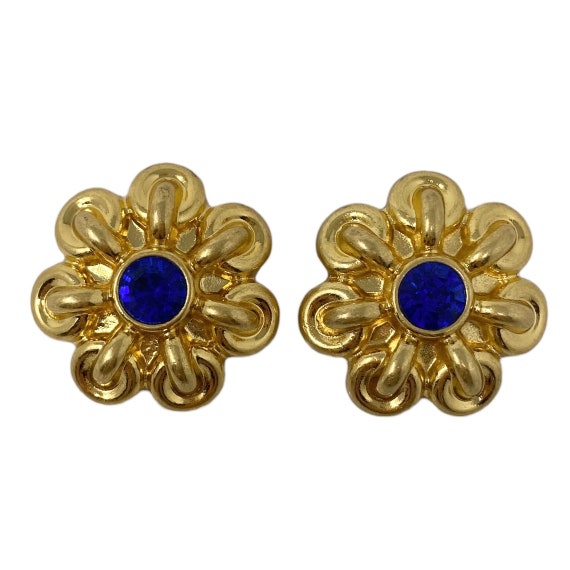 Vintage 1980s 1990s Gold & Blue Rhinestone Flower… - image 4