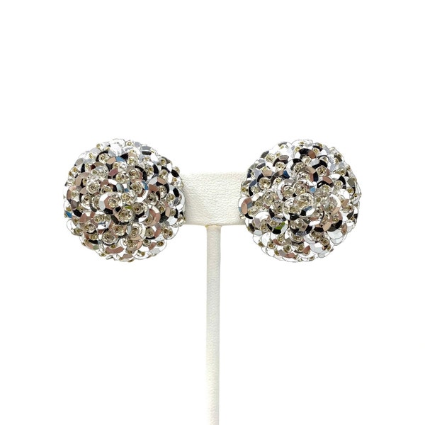 Vintage Silver Sequin Bon Bon Statement Earrings, Round Button Clip Ons, 1980s Festive Glitzy Cocktail Earrings