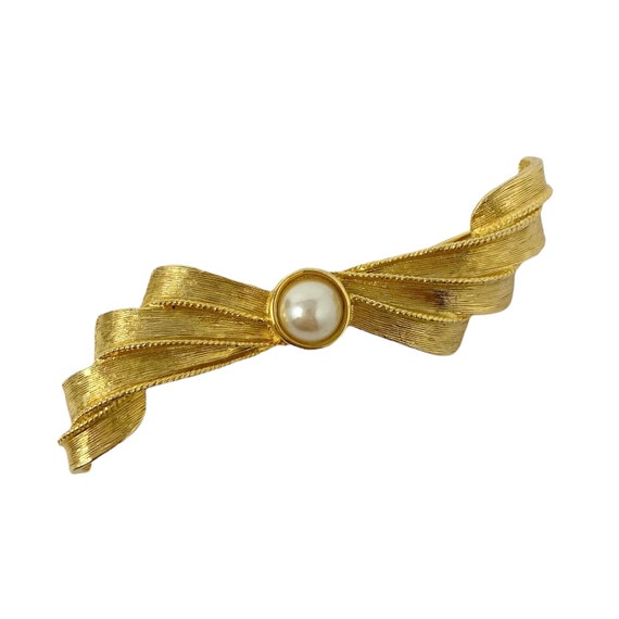 Lovely Vintage 1980s GIVENCHY Gold & Pearl Bow Br… - image 3