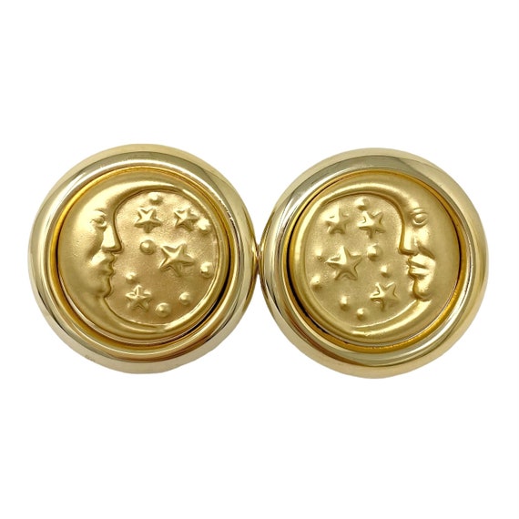 Vintage 1980s Gold Moon & Star Round Clip On Earr… - image 2