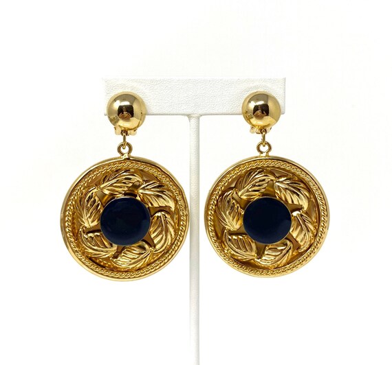 Vintage Navy Blue & Gold Leaf Repousse Clip Earri… - image 2