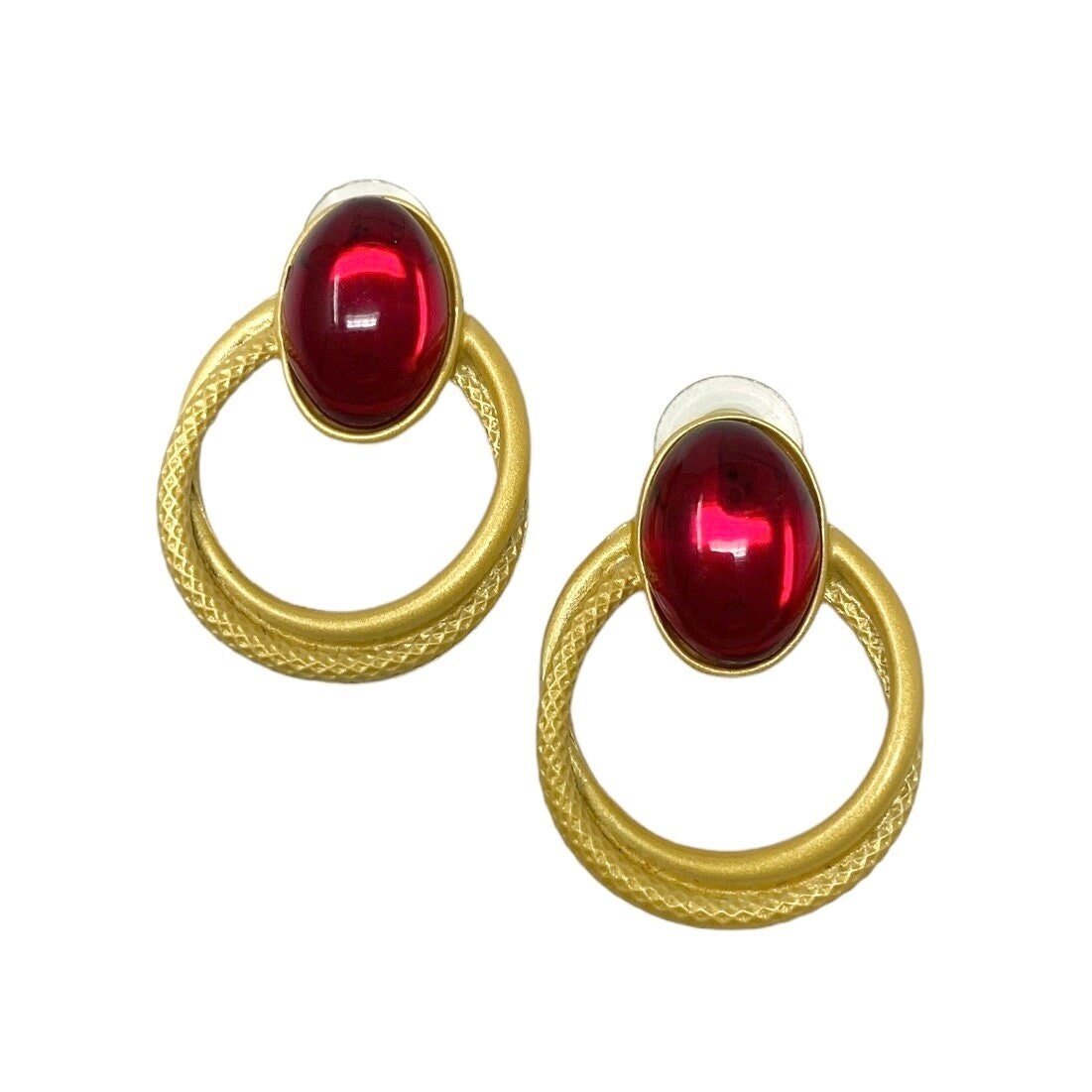 Beautiful Vintage Matte Gold & Red Cabochon Pierced Earrings New Old Stock NOS