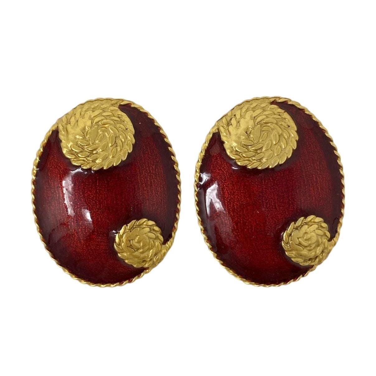 Boucles D'oreilles Clips Vintage Années 80 - Plastique Et Métal Doré, Couture Rouge