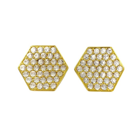 Vintage 1980s Gold & Clear Rhinestone Hexagon Cli… - image 1