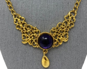 Vintage 1980s NOS Gold & Purple Cabochon Gripoix Pendant Necklace New Old Stock